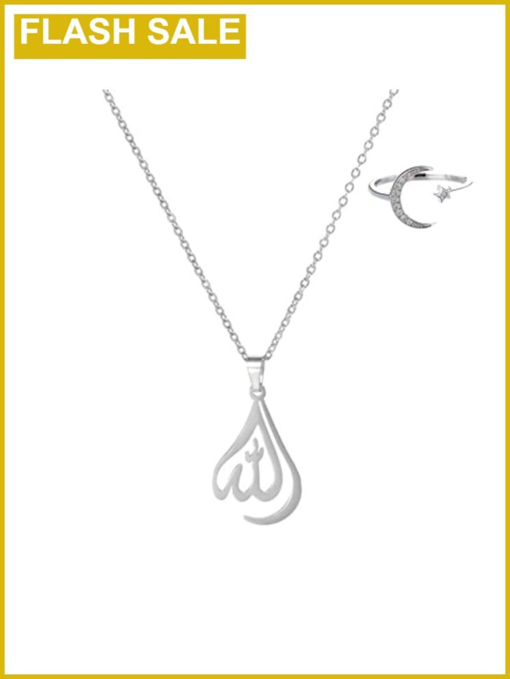 Stainless Steel Allah Pendant Necklace & Adjustable Moon Ring Islamic Jewelry